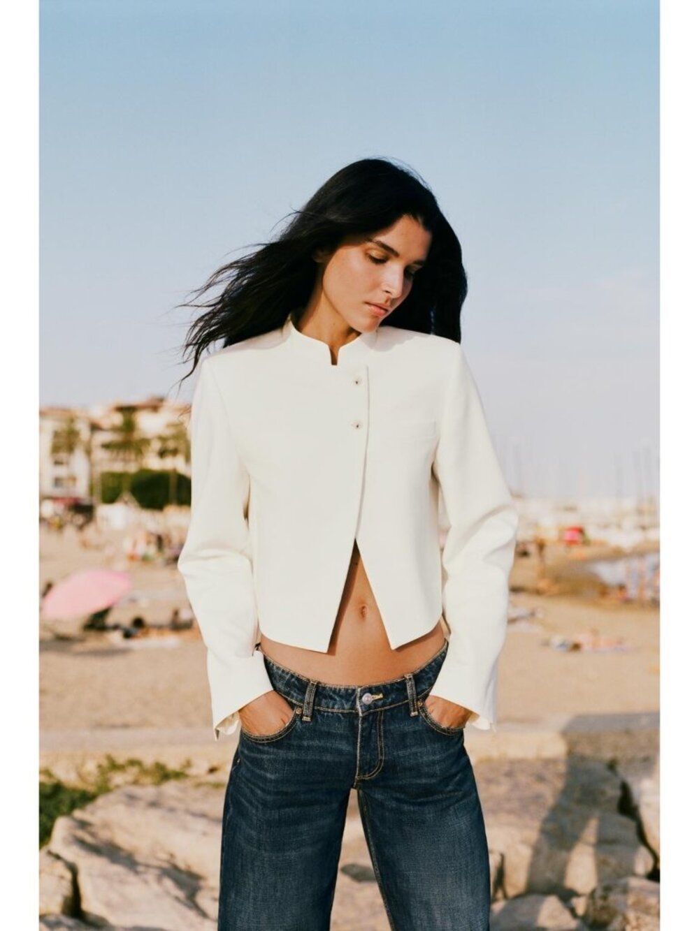 Zara Womens Cropped Blazer Size XS Oyster White Trim w Welt Pocket 5247/841 NWT
